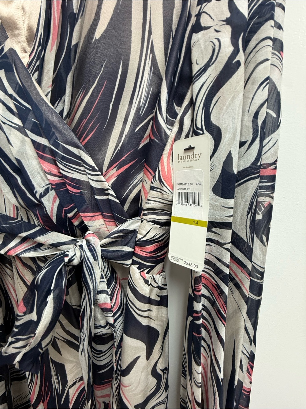 Shelli Segal Navy, Cream & Pink Swirl Wrap Silk Dress - Picture 3 of 6